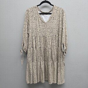 Jade by Jane Dress Womens XL Tan Black Dotted Tiered Casual Boho Long Sleeve Tie